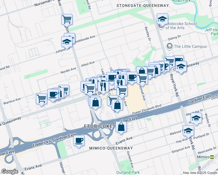 map of restaurants, bars, coffee shops, grocery stores, and more near 930a The Queensway in Toronto