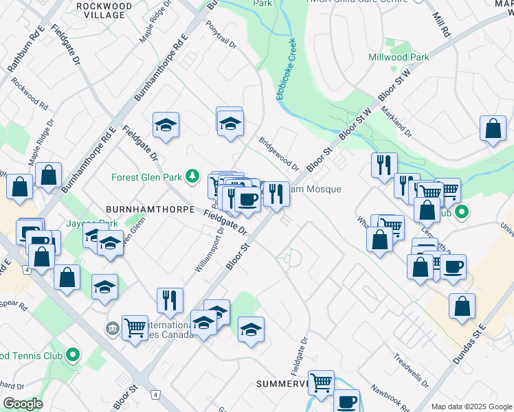 map of restaurants, bars, coffee shops, grocery stores, and more near 1745 Bloor Street in Mississauga