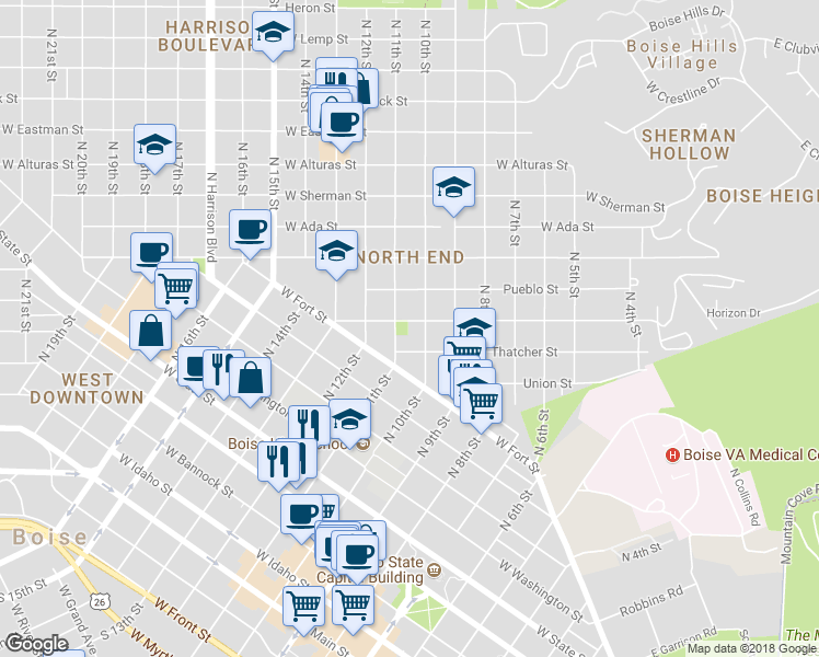 map of restaurants, bars, coffee shops, grocery stores, and more near 1009 Ofarrell St in Boise