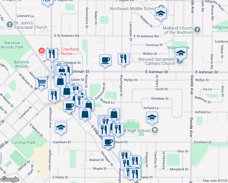 map of restaurants, bars, coffee shops, grocery stores, and more near 2809 Washington Street in Midland