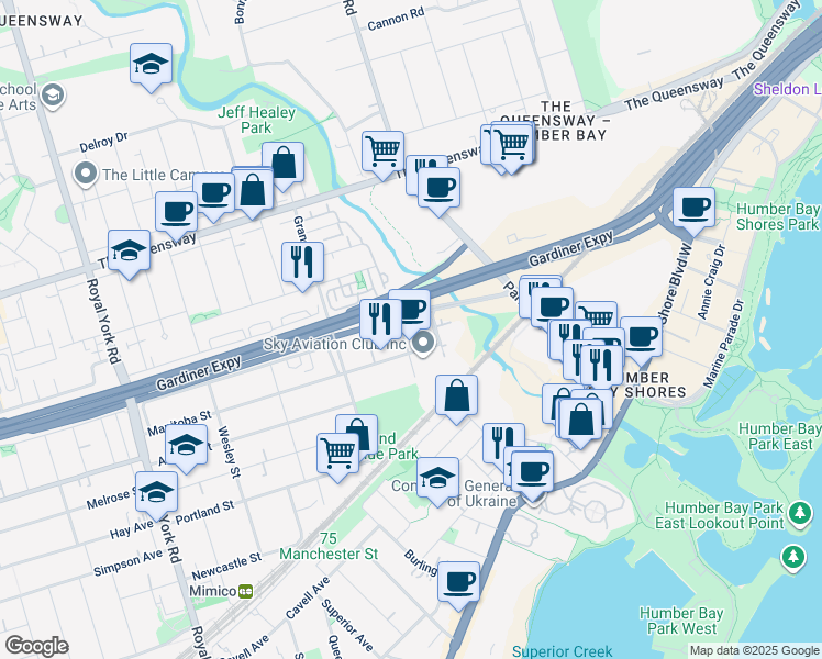 map of restaurants, bars, coffee shops, grocery stores, and more near 250 Manitoba Street in Toronto