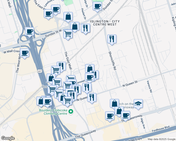 map of restaurants, bars, coffee shops, grocery stores, and more near 55 Medulla Avenue in Toronto
