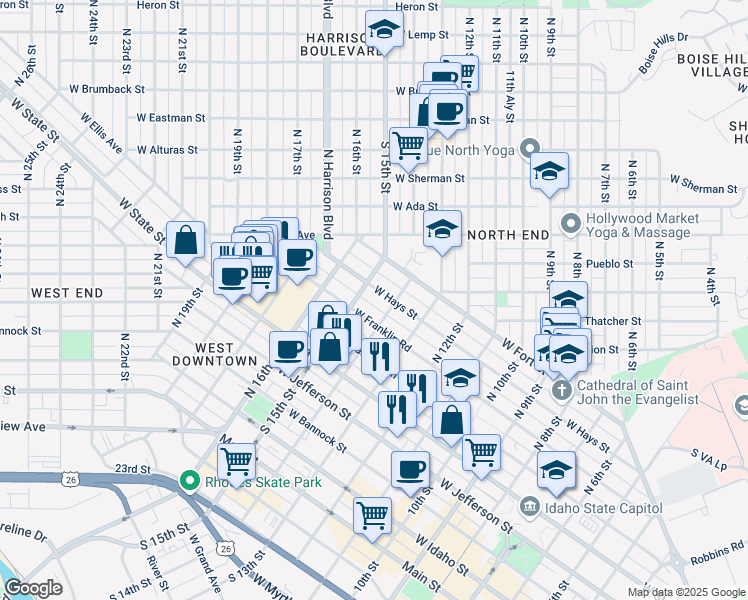 map of restaurants, bars, coffee shops, grocery stores, and more near 1453 West Hays Street in Boise