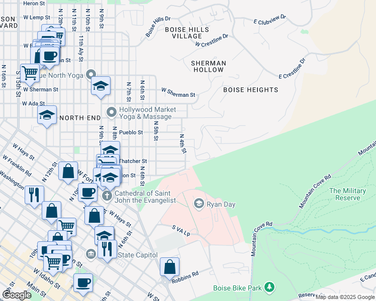 map of restaurants, bars, coffee shops, grocery stores, and more near 317 Ofarrell Street in Boise