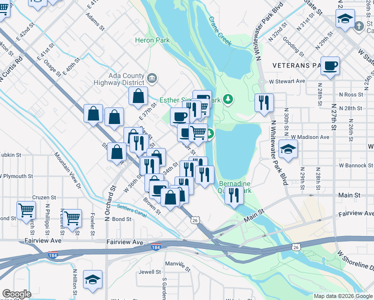 map of restaurants, bars, coffee shops, grocery stores, and more near 212 East 34th Street in Boise