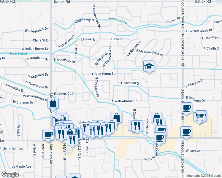 map of restaurants, bars, coffee shops, grocery stores, and more near 2190 North Viewhill Avenue in Meridian