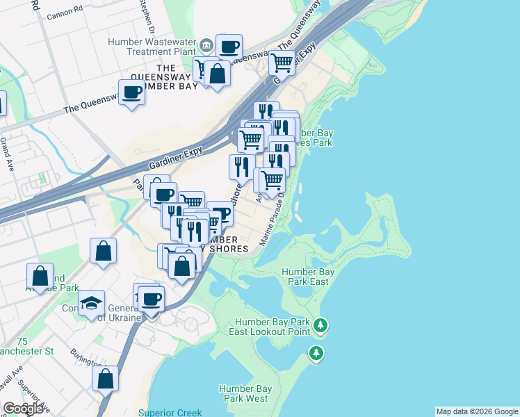 map of restaurants, bars, coffee shops, grocery stores, and more near Annie Craig Drive in Etobicoke