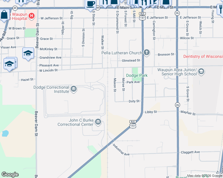 map of restaurants, bars, coffee shops, grocery stores, and more near 620 Maxon St in Waupun