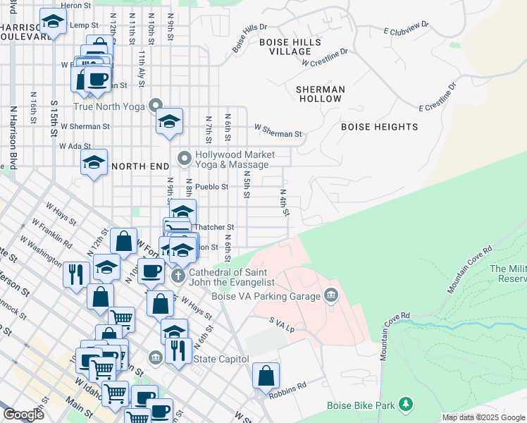 map of restaurants, bars, coffee shops, grocery stores, and more near 415 Ofarrell Street in Boise