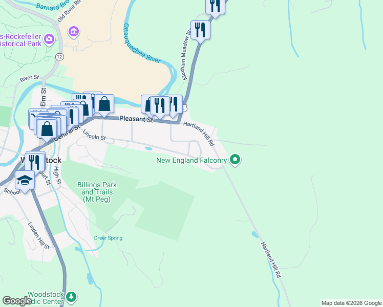 map of restaurants, bars, coffee shops, grocery stores, and more near 60 Atwood Avenue in Woodstock