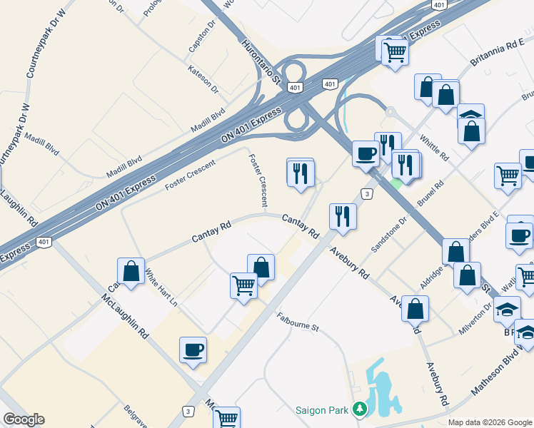 map of restaurants, bars, coffee shops, grocery stores, and more near 6155 Cantay Rd in Mississauga