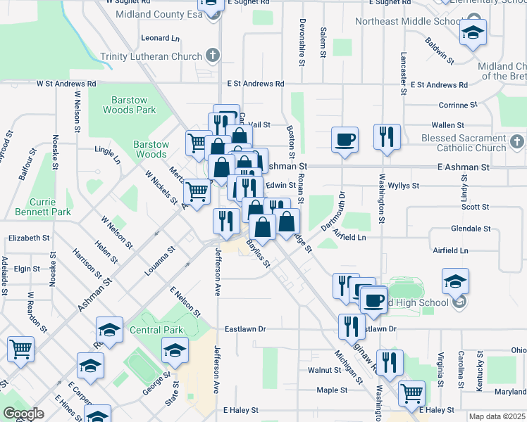 map of restaurants, bars, coffee shops, grocery stores, and more near 321 South Saginaw Road in Midland