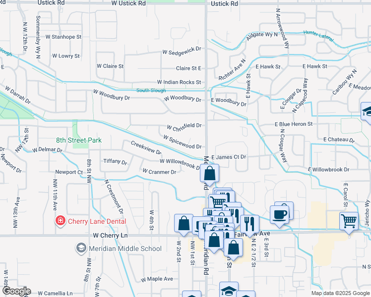 map of restaurants, bars, coffee shops, grocery stores, and more near 137 W Spicewood Dr in Meridian