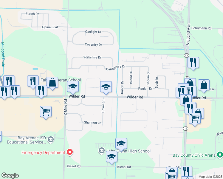 map of restaurants, bars, coffee shops, grocery stores, and more near 3175 Wilder Road in Bay City