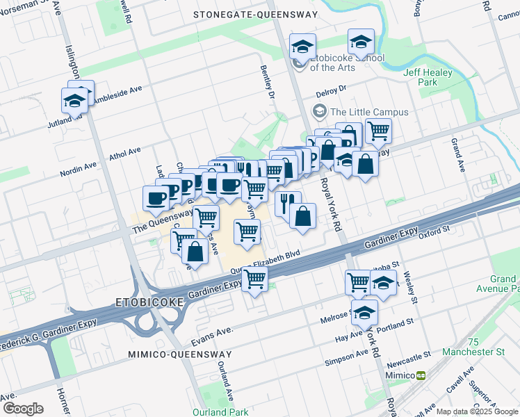 map of restaurants, bars, coffee shops, grocery stores, and more near in Toronto