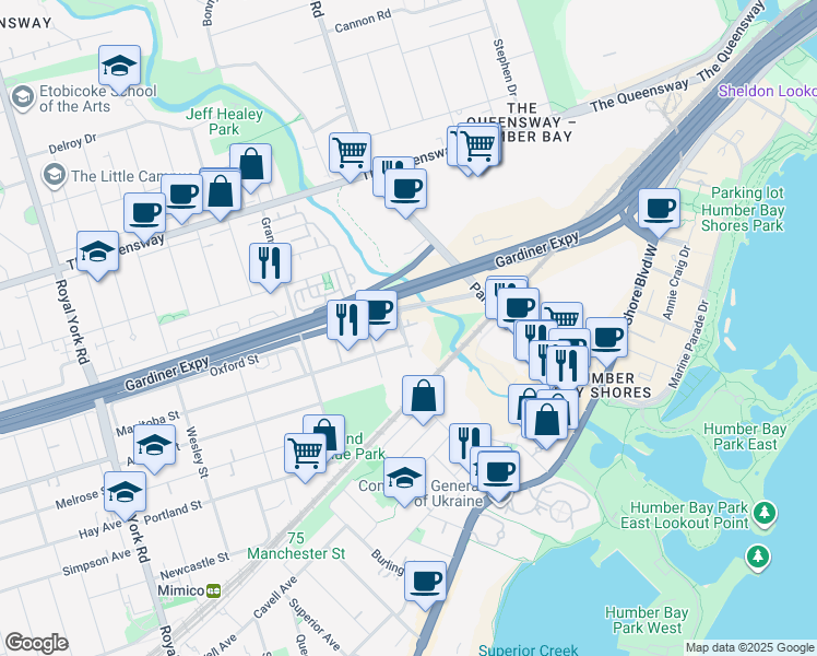 map of restaurants, bars, coffee shops, grocery stores, and more near 185 Legion Road North in Toronto