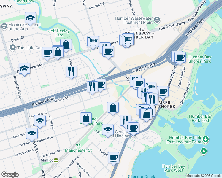 map of restaurants, bars, coffee shops, grocery stores, and more near in Toronto