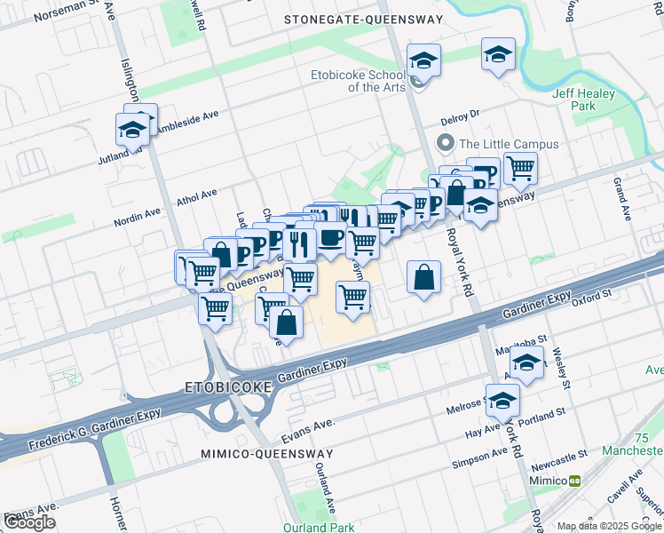map of restaurants, bars, coffee shops, grocery stores, and more near 829 The Queensway in Toronto