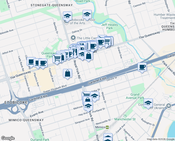 map of restaurants, bars, coffee shops, grocery stores, and more near 34 Penhurst Avenue in Toronto