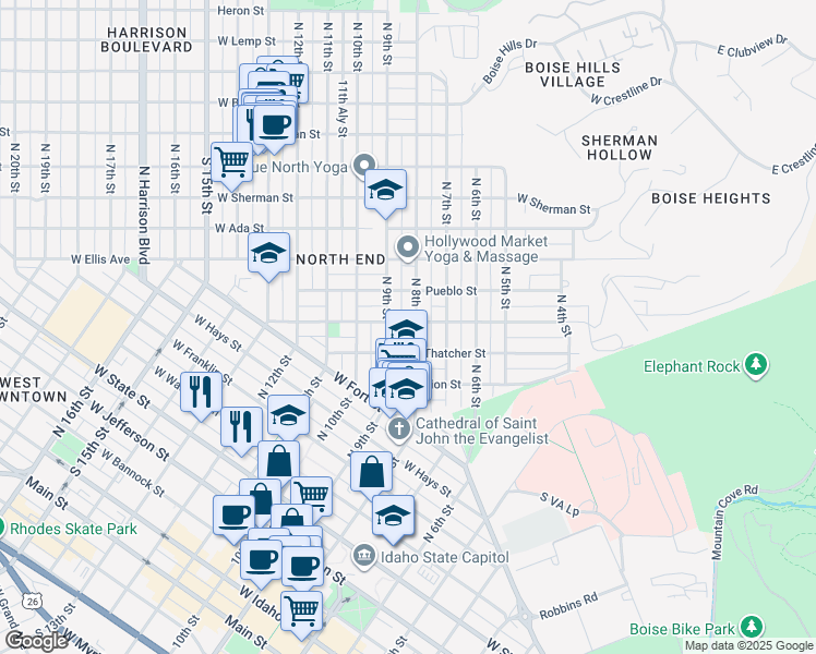 map of restaurants, bars, coffee shops, grocery stores, and more near 1114 North 8th Street in Boise