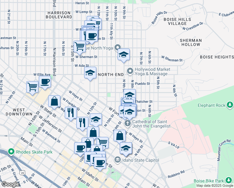 map of restaurants, bars, coffee shops, grocery stores, and more near 1115 North 9th Street in Boise