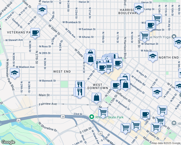 map of restaurants, bars, coffee shops, grocery stores, and more near 1820 West Jefferson Street in Boise