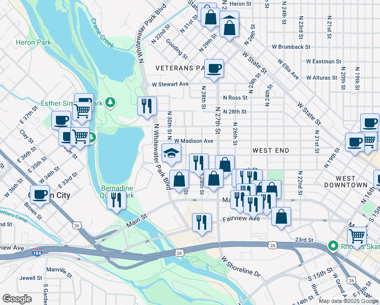 map of restaurants, bars, coffee shops, grocery stores, and more near 2815 West Jefferson Street in Boise