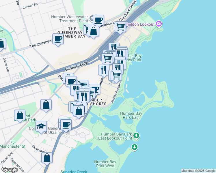 map of restaurants, bars, coffee shops, grocery stores, and more near in Toronto