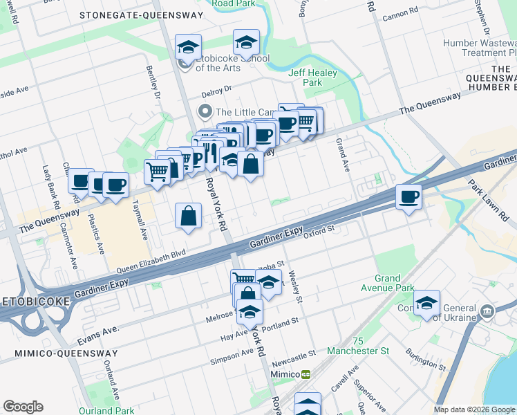 map of restaurants, bars, coffee shops, grocery stores, and more near in Toronto