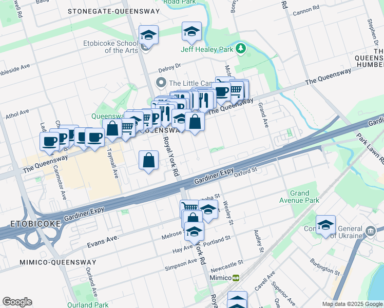 map of restaurants, bars, coffee shops, grocery stores, and more near in Toronto