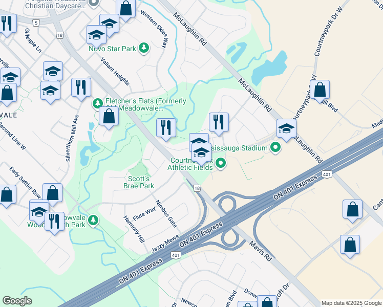 map of restaurants, bars, coffee shops, grocery stores, and more near 745 Courtneypark Drive West in Mississauga