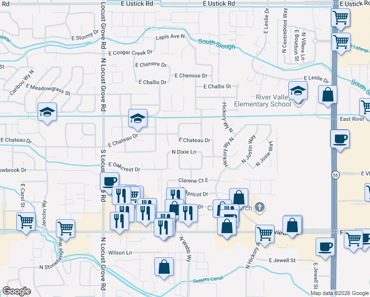 map of restaurants, bars, coffee shops, grocery stores, and more near 2249 East Meadow Wood Drive in Meridian
