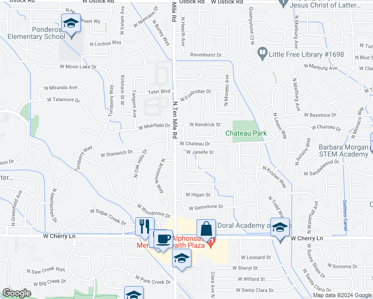 map of restaurants, bars, coffee shops, grocery stores, and more near 3118 West Janelle Street in Meridian