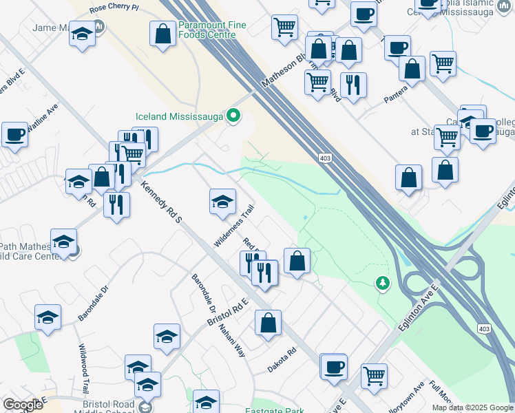 map of restaurants, bars, coffee shops, grocery stores, and more near 5405 Wilderness Trail in Mississauga