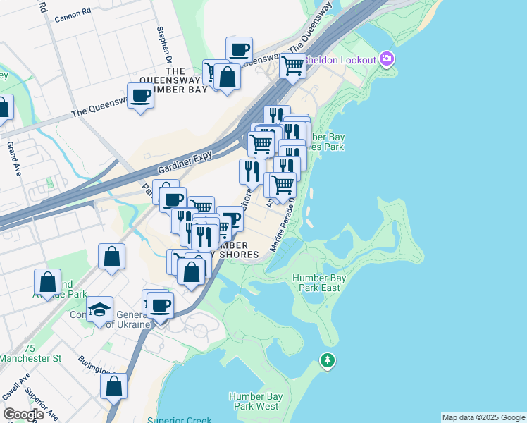 map of restaurants, bars, coffee shops, grocery stores, and more near 70 Annie Craig Drive in Toronto