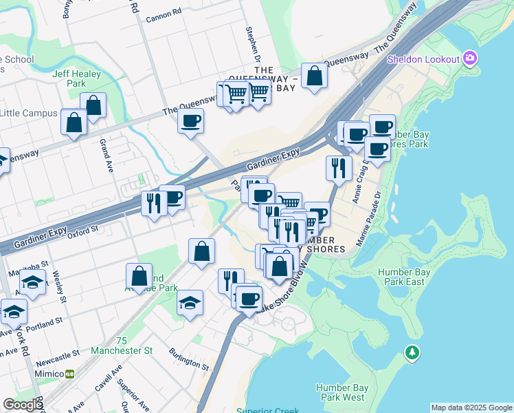 map of restaurants, bars, coffee shops, grocery stores, and more near 90 Park Lawn Road in Toronto
