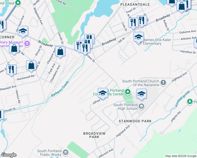 map of restaurants, bars, coffee shops, grocery stores, and more near 35 Jennie's Court in South Portland