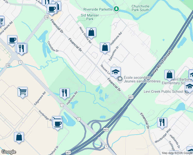 map of restaurants, bars, coffee shops, grocery stores, and more near 51 Legendary Circle in Brampton