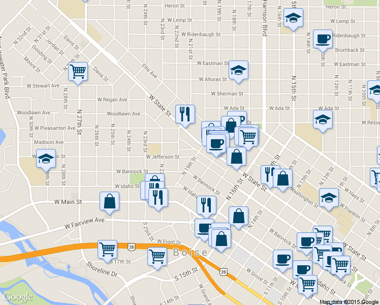 map of restaurants, bars, coffee shops, grocery stores, and more near 1820 West Jefferson Street in Boise