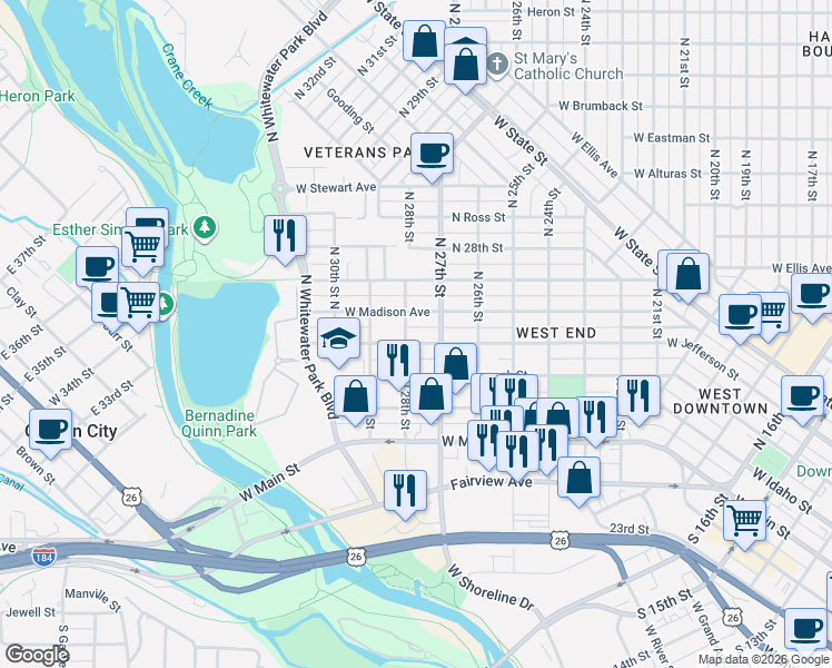 map of restaurants, bars, coffee shops, grocery stores, and more near 2705 West Jefferson Street in Boise