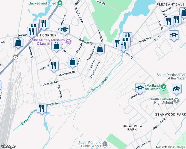 map of restaurants, bars, coffee shops, grocery stores, and more near 2431 Rosedale Avenue in South Portland