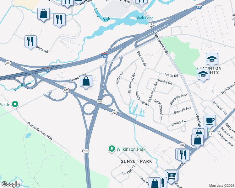 map of restaurants, bars, coffee shops, grocery stores, and more near 145 Settler Road in South Portland
