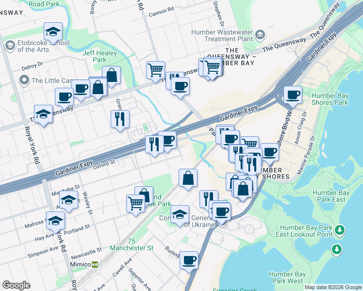 map of restaurants, bars, coffee shops, grocery stores, and more near 300 Manitoba Street in Toronto