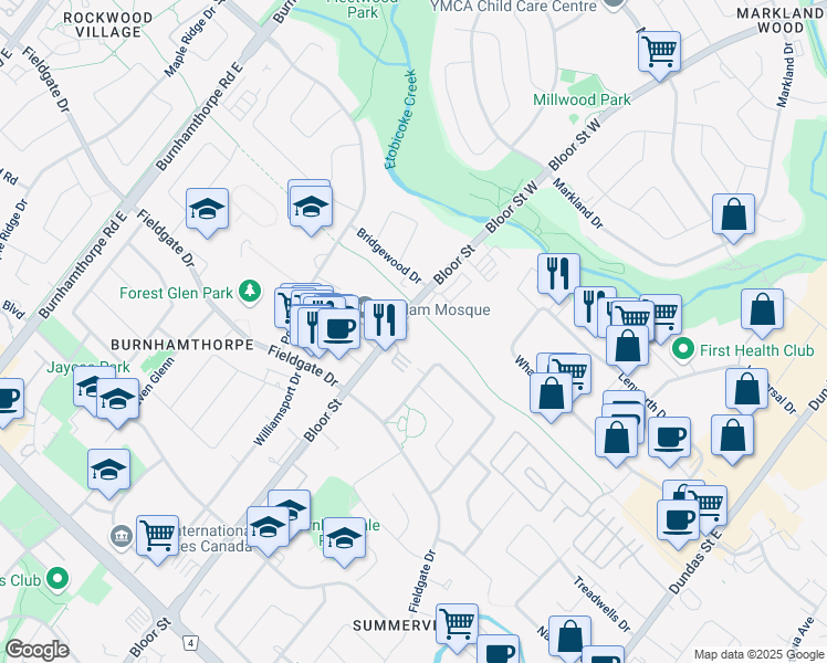 map of restaurants, bars, coffee shops, grocery stores, and more near 1780 Bloor Street in Mississauga