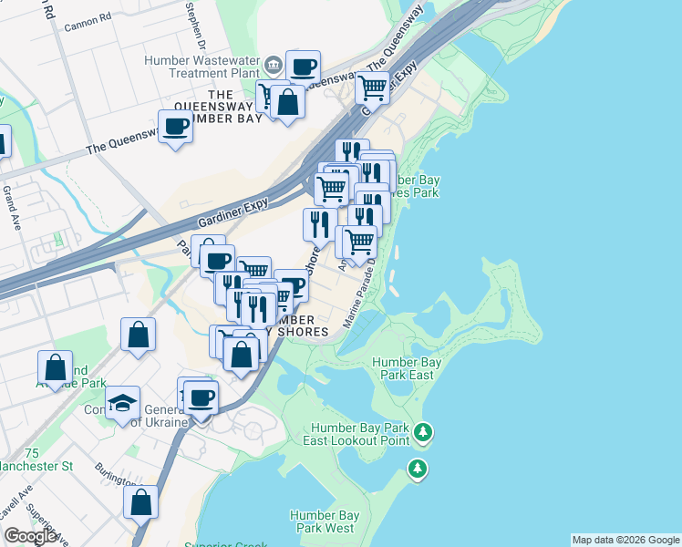 map of restaurants, bars, coffee shops, grocery stores, and more near Annie Craig Drive in Etobicoke