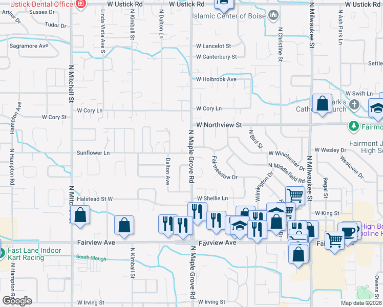 map of restaurants, bars, coffee shops, grocery stores, and more near N Maple Grove Rd & Sunflower Ln in Boise