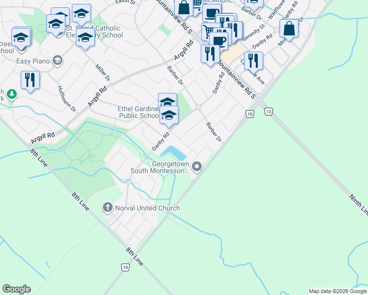map of restaurants, bars, coffee shops, grocery stores, and more near 26 Silver Pond Drive in Halton Hills