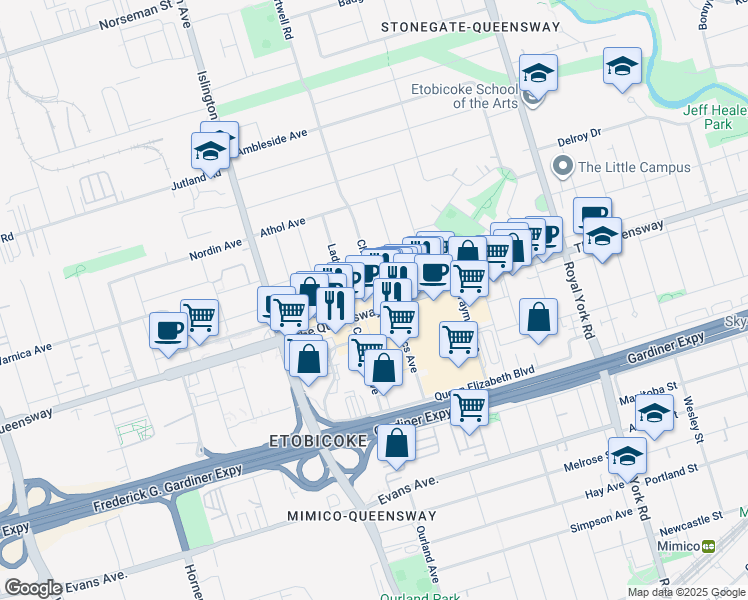 map of restaurants, bars, coffee shops, grocery stores, and more near in Toronto