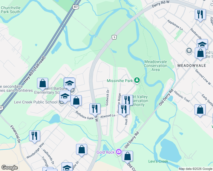 map of restaurants, bars, coffee shops, grocery stores, and more near 1292 Godwick Drive in Mississauga