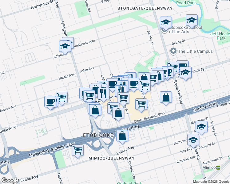 map of restaurants, bars, coffee shops, grocery stores, and more near 6 Chartwell Road in Toronto
